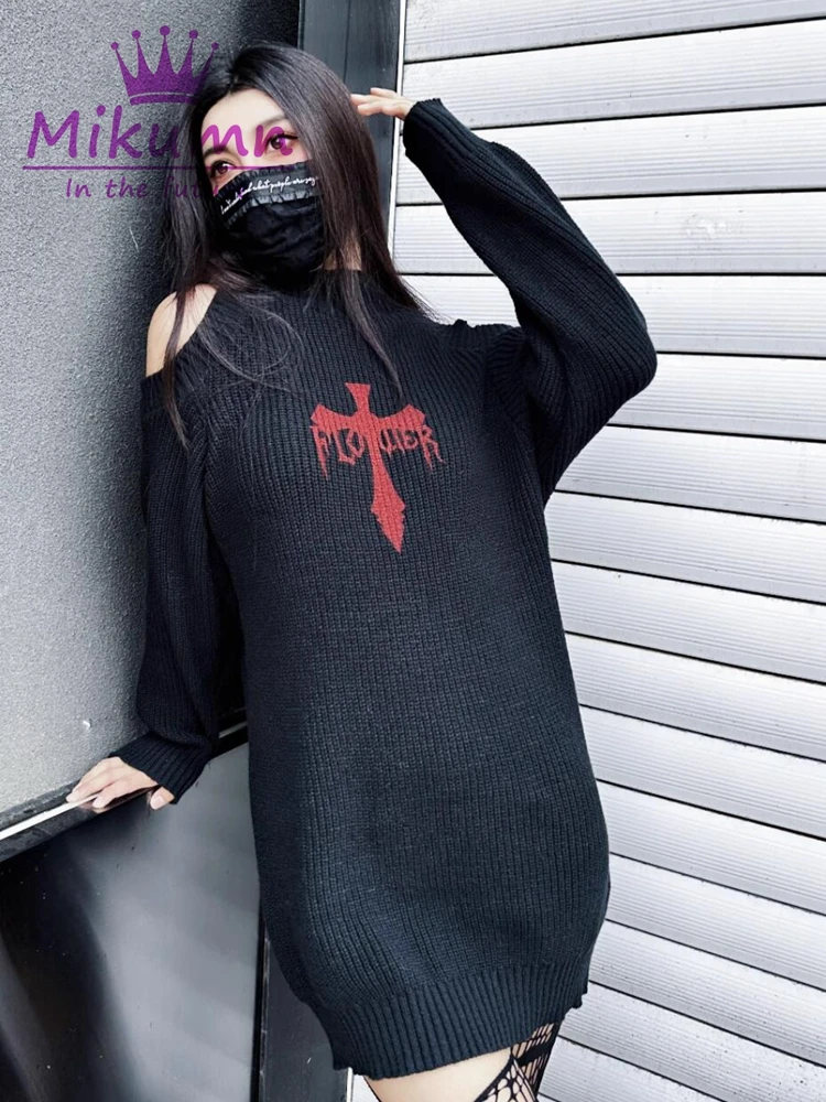 Mikumn Harajuku Gothic Sweater Women Off Shoulder Cross Print Grunge Pullover Y2k Punk Rock Sexy Long Sleeve Black Knitwear