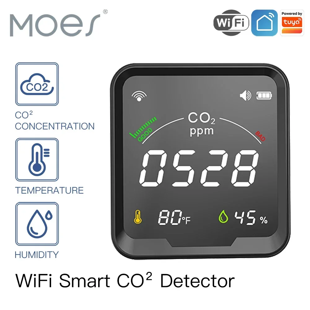 Moes Smart Tuya CO2 Detector Temperature Humidity Tester 3 in 1 Carbon  Dioxide Detector Air Quality Monitor WiFi alarm senor