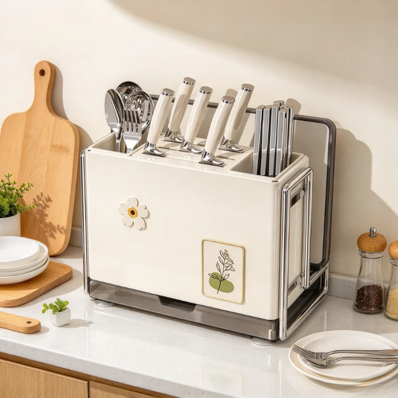 Knife Rack Countertop Organizer with Chopstick Holders Cutting Board Slot Drain Holes Magnetic Parts Suction Feet Kitchen Use
