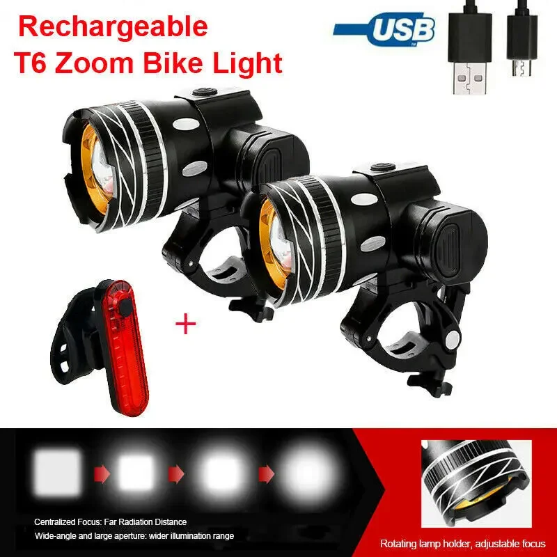 Bike Headlight T6 LED USB Rechargeable Waterproof Bicycle Front Light Adjustable Zoom Cycling Flashlight For Road MTB