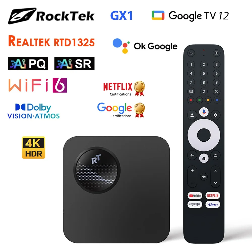 RockTek GX1 UHD Google TV Box Netflix Google معتمد 4GB 32G Realtek1325 يدعم Dolby Atmos Vision 2T2R Wifi6 BT5.2