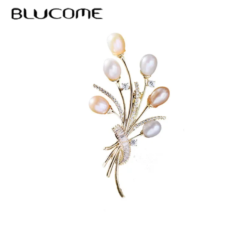 

Женская Брошь В Виде Цветка Blucome, брошь из натурального жемчуга, в форме букета, украшенная фианитом, свадебный аксессуар,