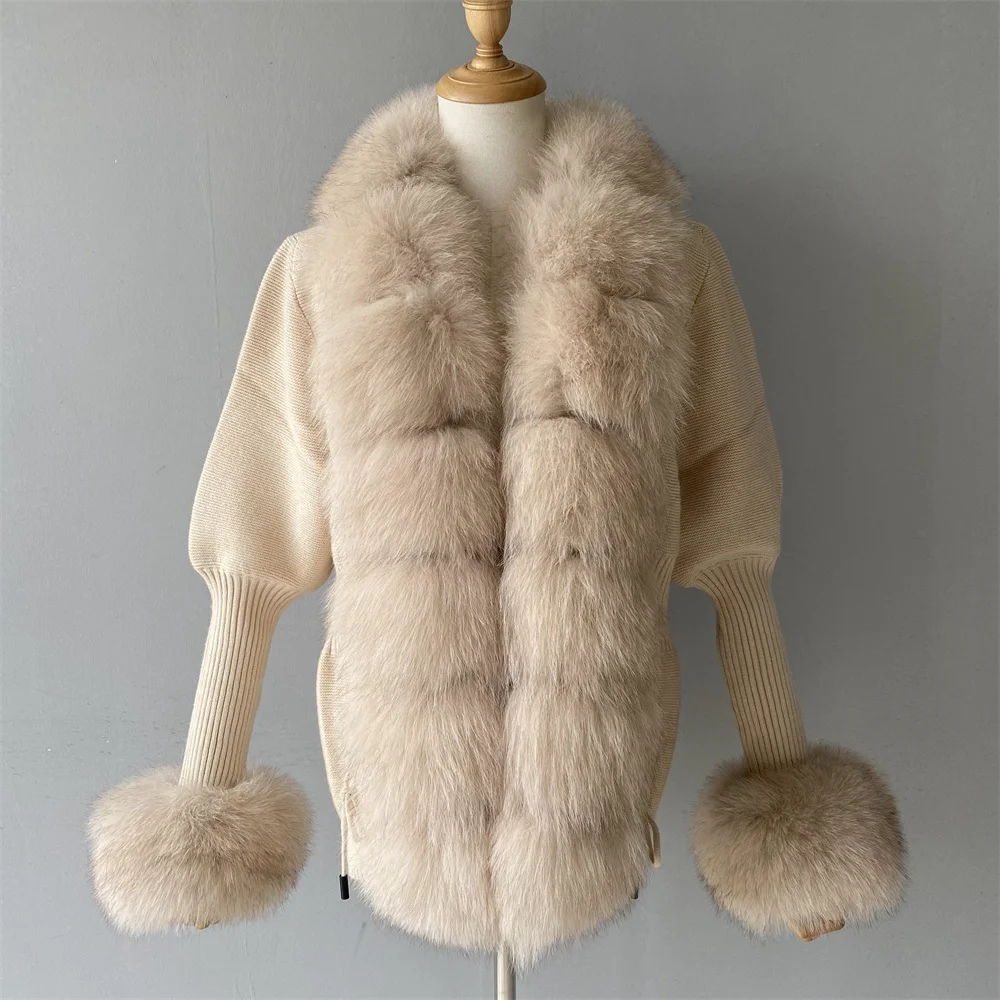 Jxwatcher Women's Sweater with Luxury Real Fox Fur Trim Fall Winter Fashion Knitted Coat Natural Fur Cuffs Cardigan New Arrival view 3