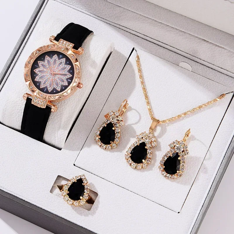 5PCS Set Rose Gold Luxury Watch Women Ring Necklace Earring Rhinestone Fashion Wristwatch Casual Ladies Bracelet( No Box)