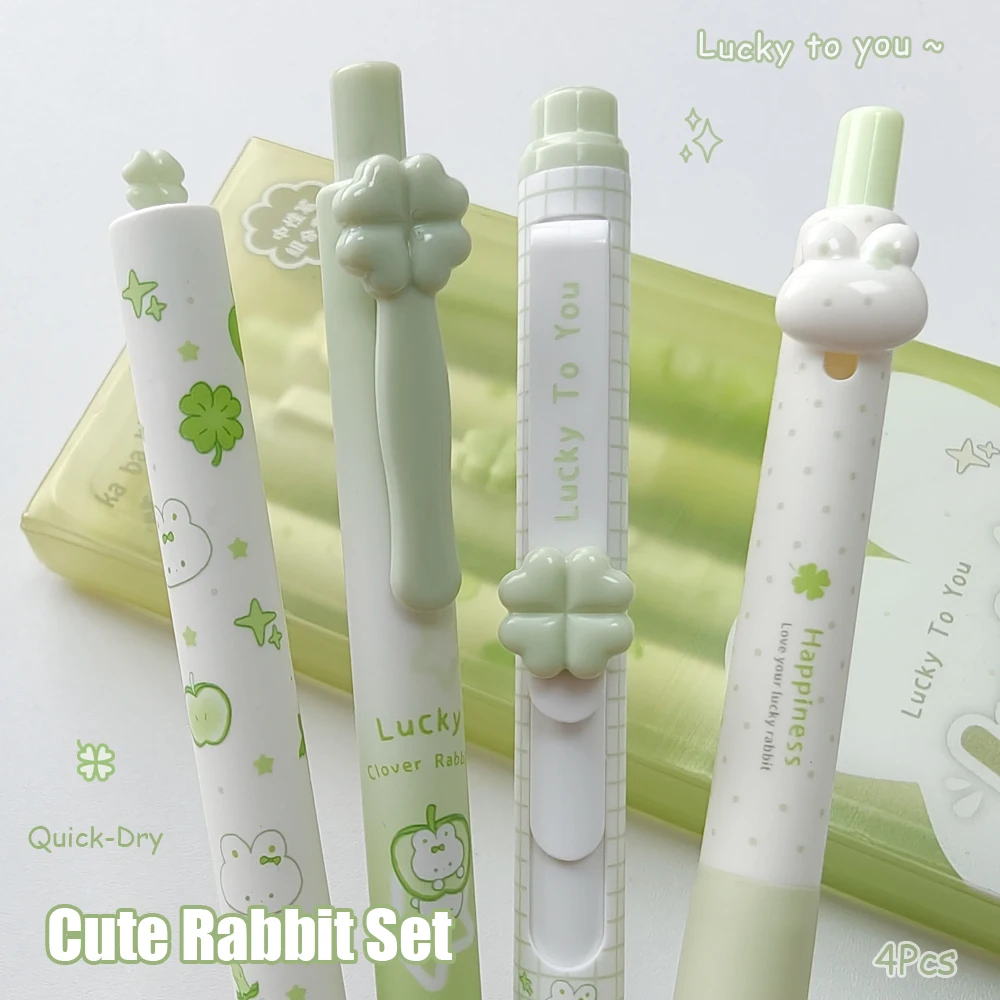 

Набор из 4 гелевых ручек с милыми кроликами, 0,5 мм, забавные ручки с четырехлистным клевером, быстросохнущие, креативные, мультяшные, черные, для школы и офиса