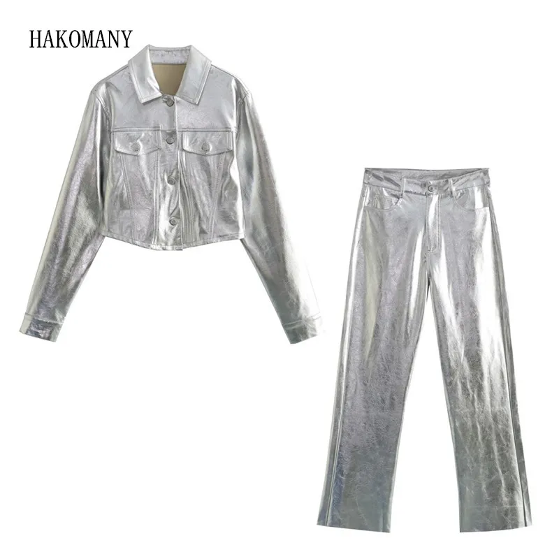 2023 American Retro Lapel Double Pockets Faux Leather Metal Silver Jacket Mid Waist Straight Pants Cool Outerwear