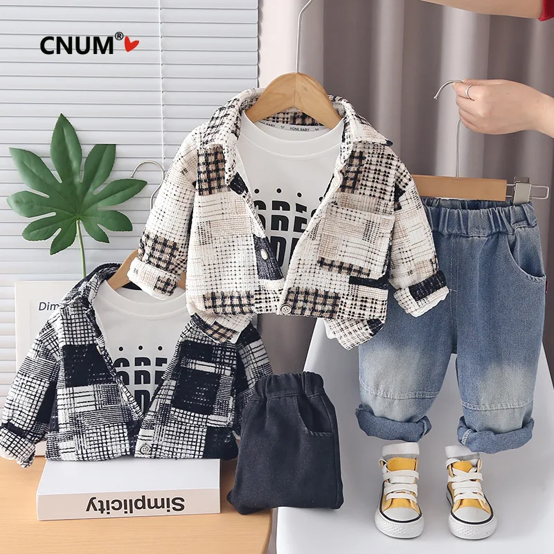New Spring 2026 Boys' Fashionable Long Sleeve Shirt + Jeans Set Trendy Letter Print Single Pocket Three-Piece Suit