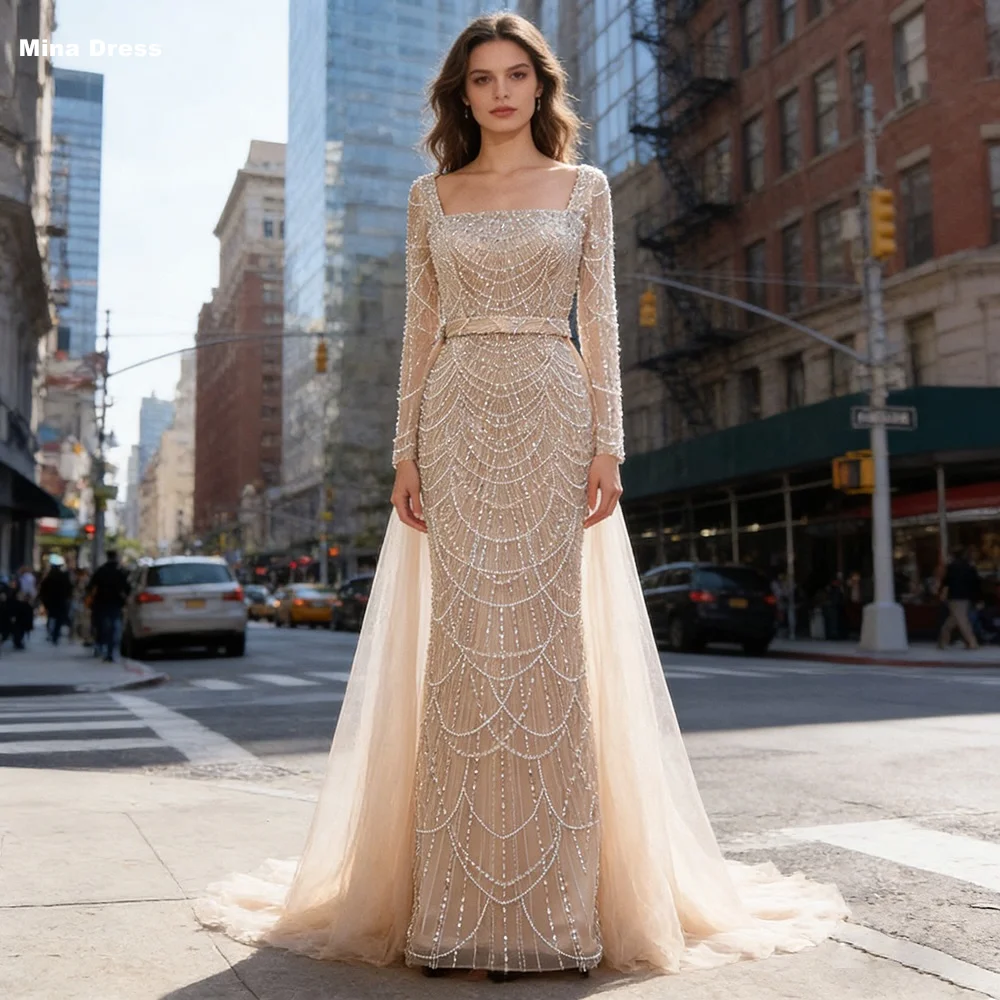 

Mina Customized Champagne Removable Tail Beaded Formal & Evening Gowns Sequins. Long Sleeves Prom Dress Square Collar Party
