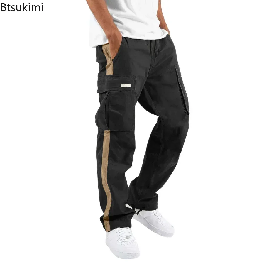 New 2025 Men's Casual Cargo Pants Trousers Stripe Regular Fit  Fashion Pants Male Jogging Cargo Pants Panel Pocket Trousers Man