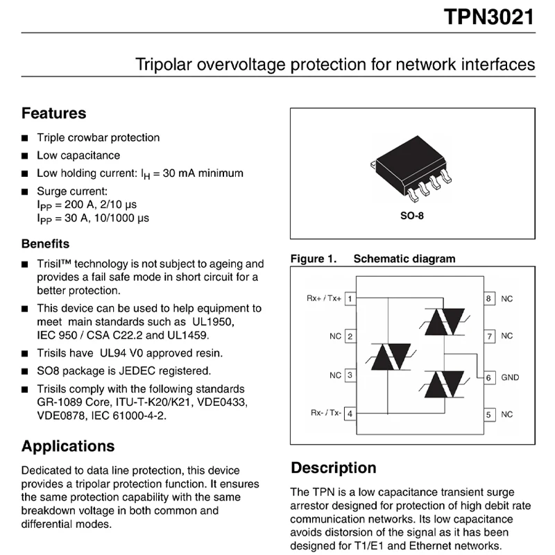 5PCS TPN3021RL SOP-8 TPN302 Network Interface Three pole Overvoltage Protection Semiconductor Discharge Tubes (TSS)