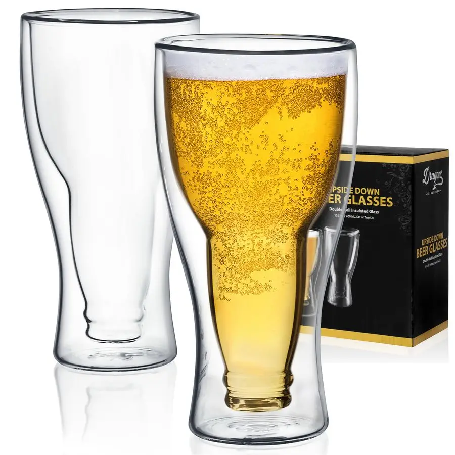 

Beer Glasses 13.5 oz Clear Double Wall Insulated Beer Glass Set of 2 Upside Down Design Holds One Full Bottle Freezer Safe