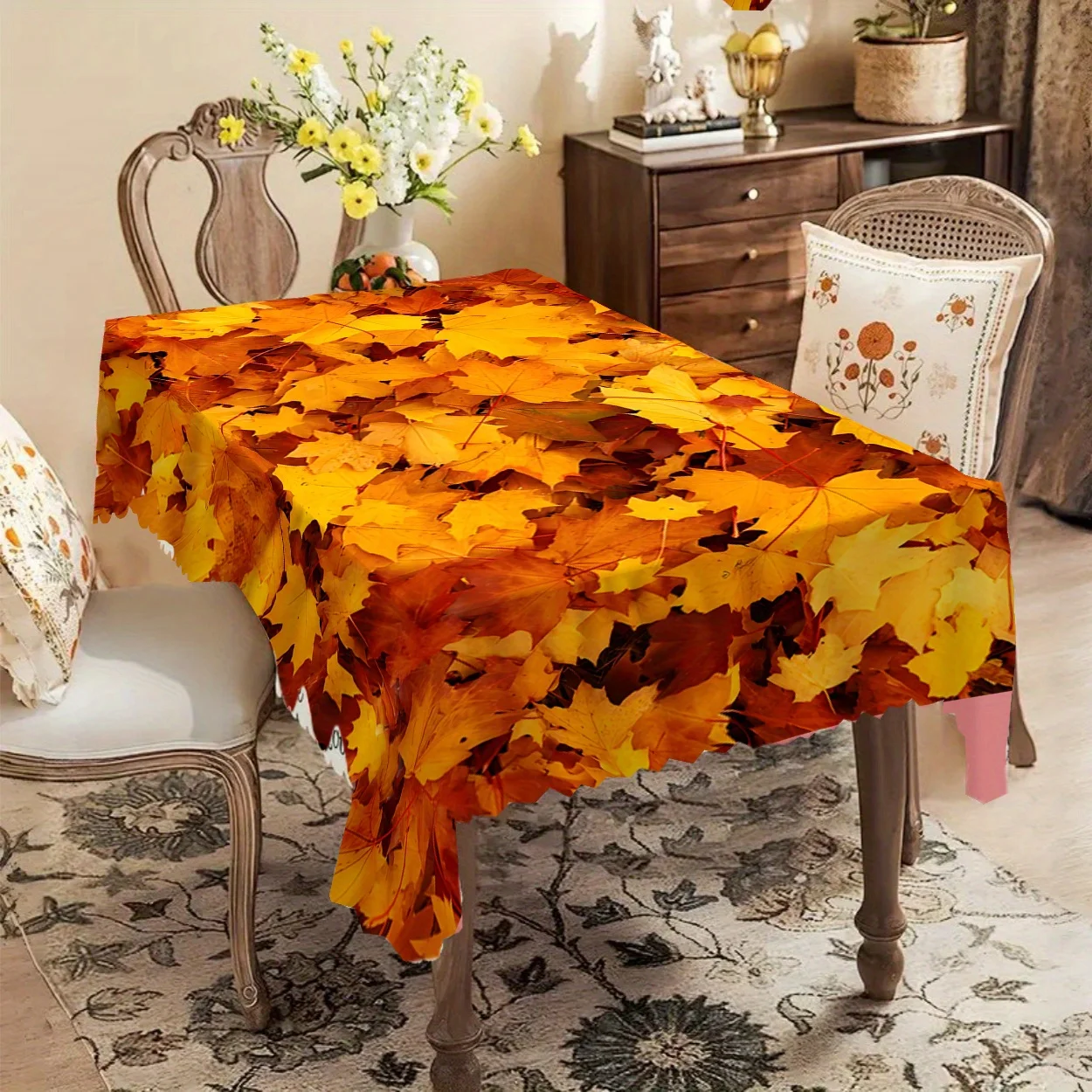 One piece of golden orange maple leaf printed polyester tablecloth - Anti-wrinkle autumn harvest theme