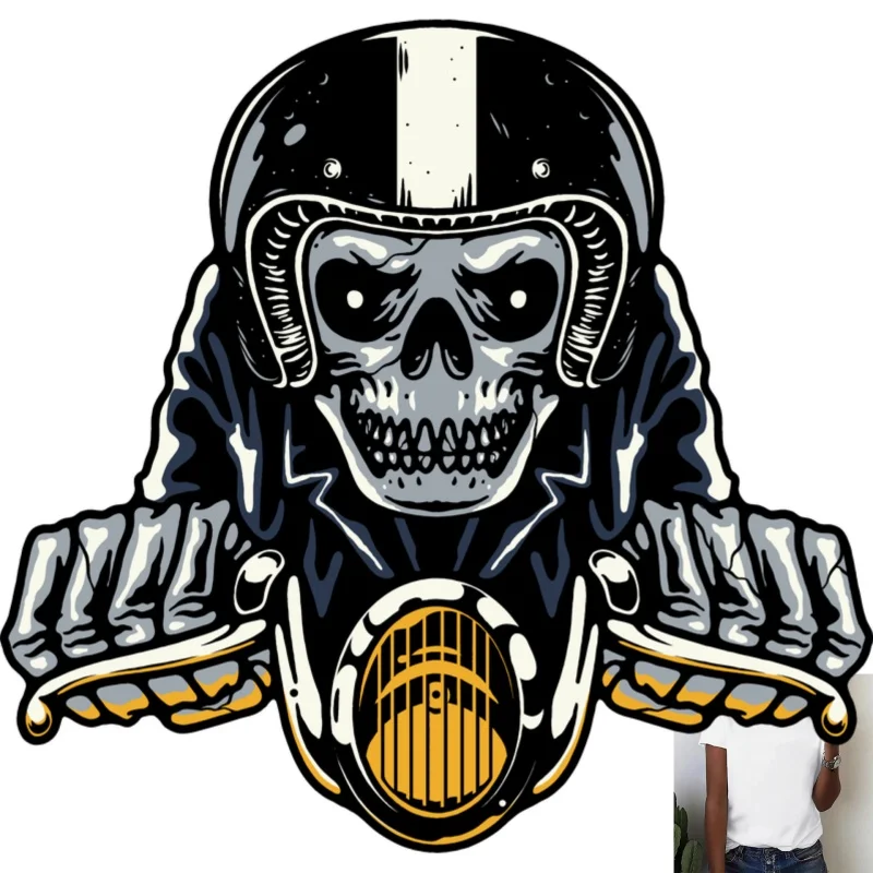 Cool Skull Biker Thermal Transfer White Ink Heat Transfer Sticker, Trendy DIY Decoration, Suitable for T - shirts/Canvas