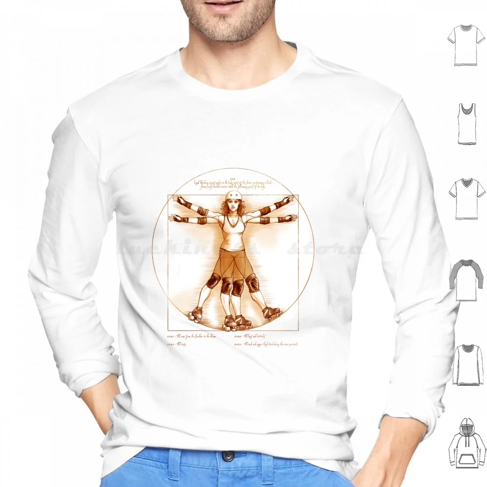 Patinador de Vitruvio en blanco solo sudadera con capucha de algodón de manga larga Roller Derby Sketch