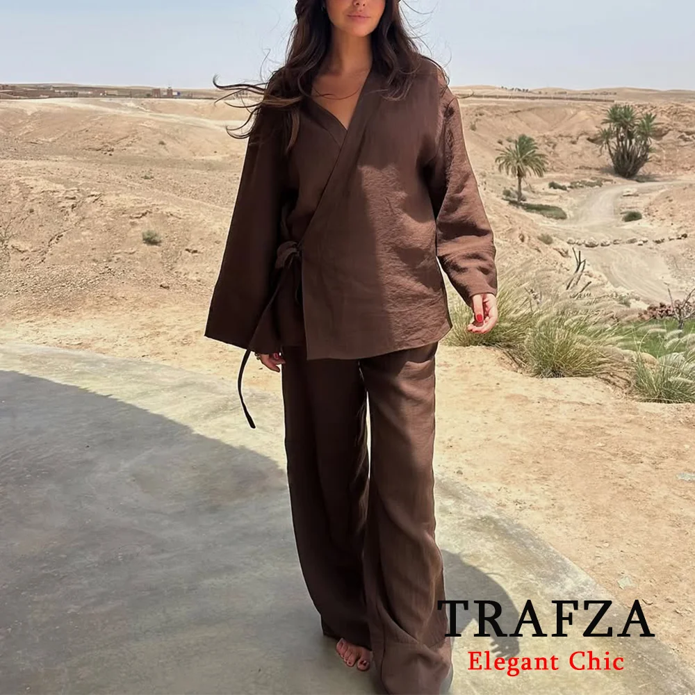 

TRAFZA Women 2025 Fashion Textured Double-breasted Kimono Coat OR Elastic Waist Pockets Set Pajama Loose Trousers 2 Piece Set