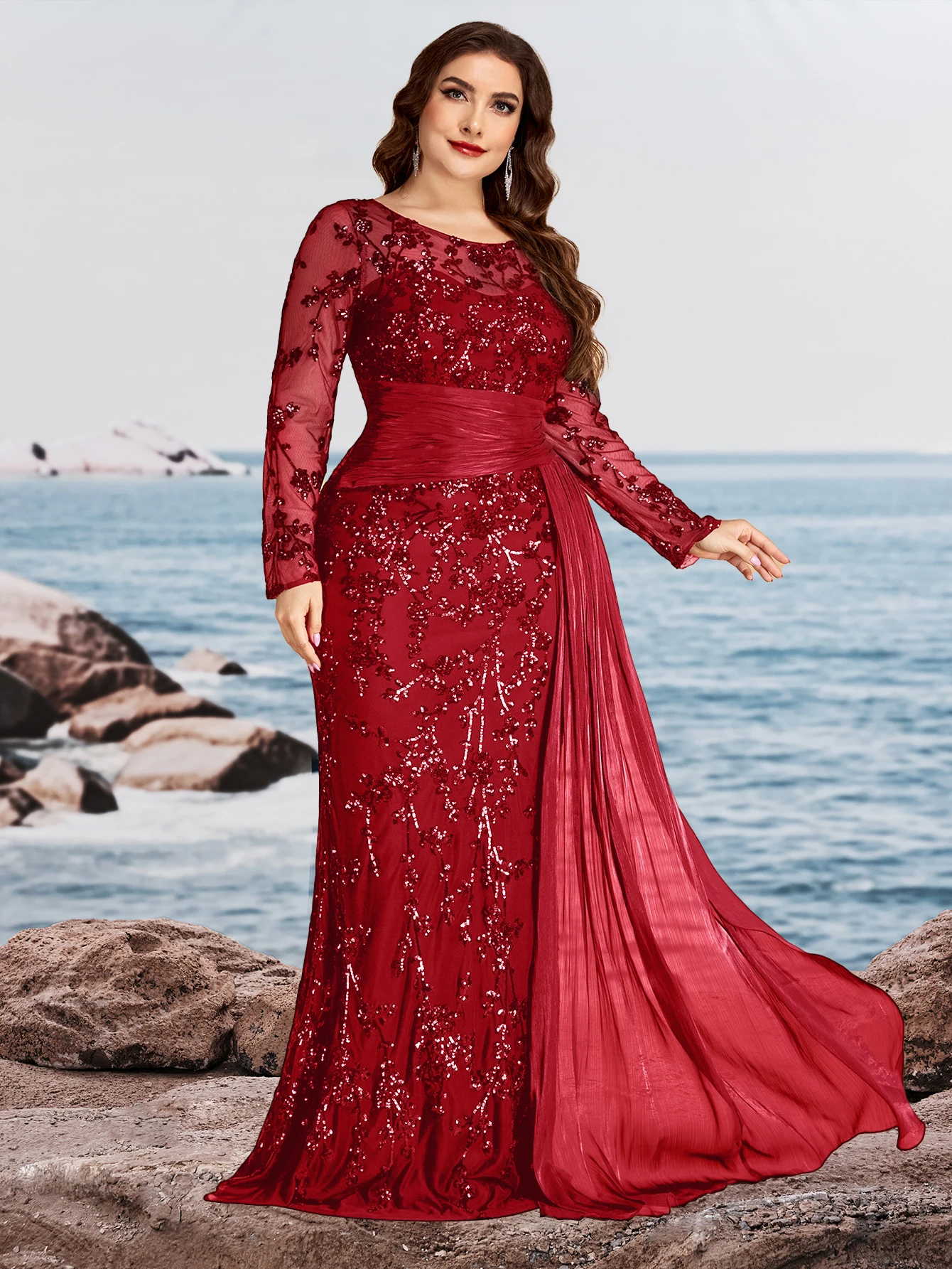 Plus Size Elegant Long Sleeves Red Sequins Patchwork Ribbon Pleats Formal Evening Dress Luxury Mermaid Party Gown Prom