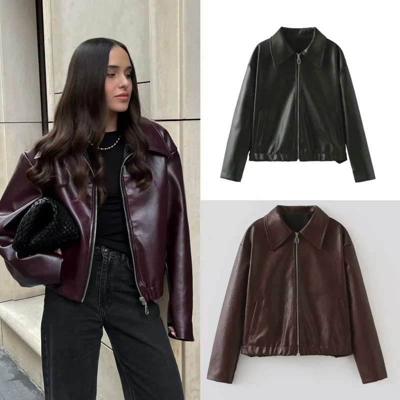 

Vintage Lapel Zippers Spliced Leather Jacket Women Overtised Long Sleeve Double Pockets Coat Female 2023 Autumn Street Outerwear