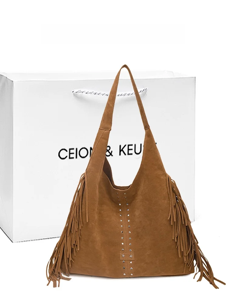 

CEION KEUST Retro Suede Tassel Women's Tote Bag Large Capaci Single oulder Slant Cross Bag Casual Simple Sle Faion