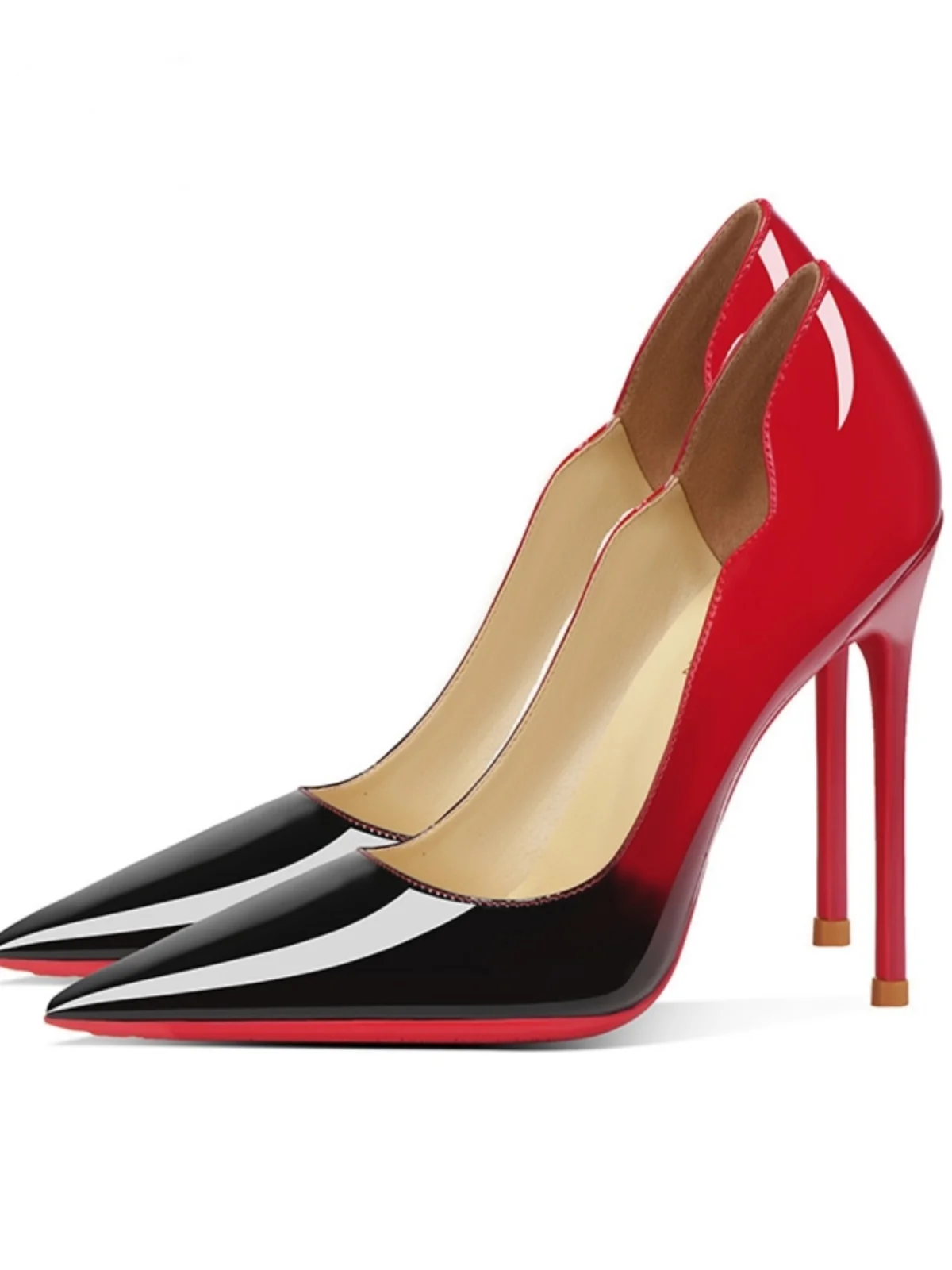 

New fashionable patent leather black and red gradient high heels for women slim heels, sexy pointed toes, versatile single shoes