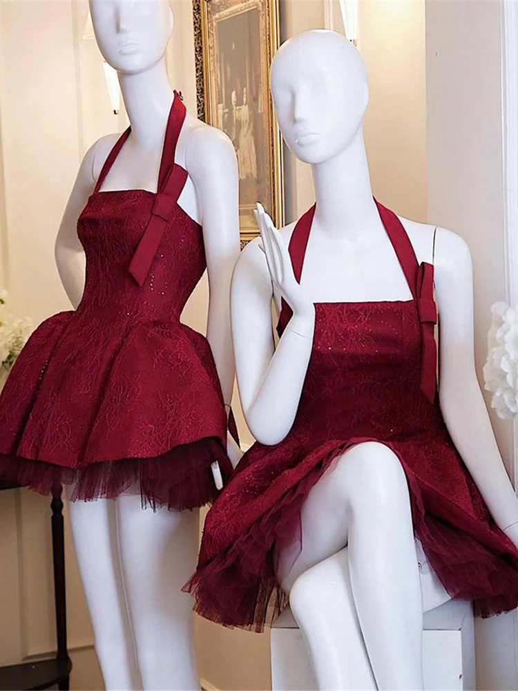 SIsterlinda Jacquard Sexy Dress +Mesh Puffy Skirt Women Noble Bow Sequin Sleeveless Halter Backless Stretch Birthday Party Suits