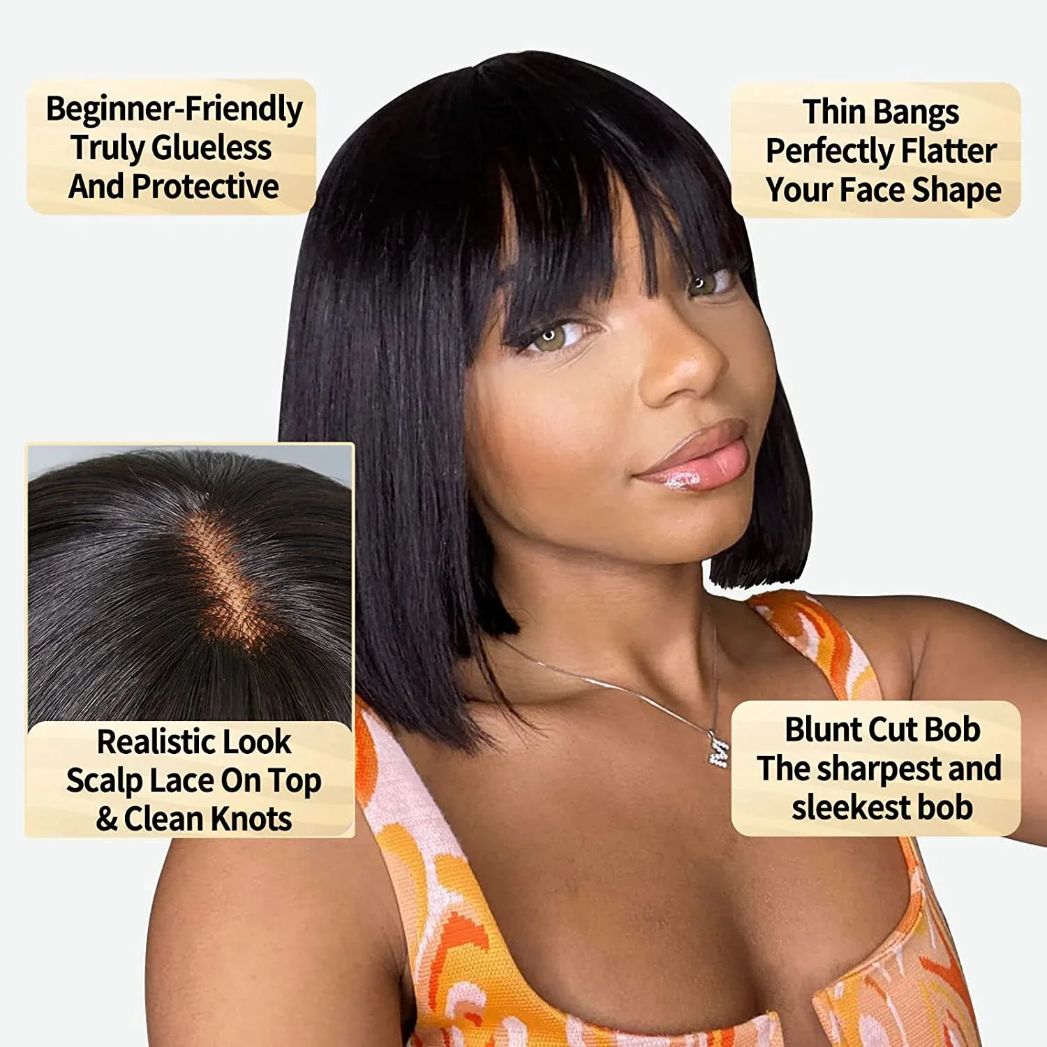 Short Straight Bob Lace Wigs With Bangs Realistic Look Fake Scalp Wigs 100% Brazilian Virgin Human Hair for Black Women