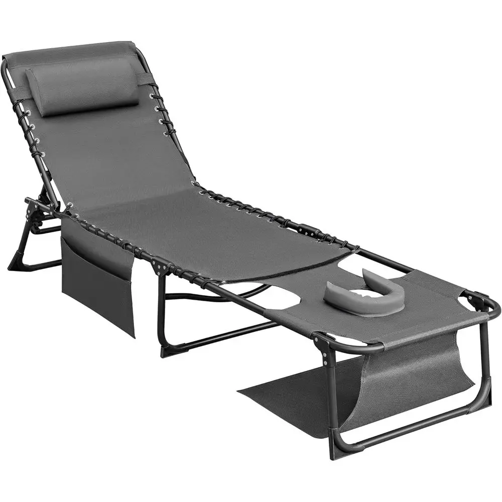 Down Chaise Lounge Chair 5-Position Adjustable Sling, Foldable Tanning Chair with Arm Holes, Outdoor Recliner Chair for Pool, Be