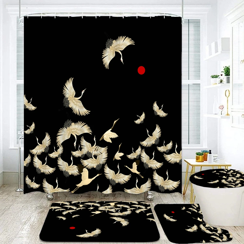 

Japanese Chinese style Birds Waterproof Shower Curtain Set with 12 Hooks Toilet Covers Bath Mats Bathroom Non-slip Rug Carpet
