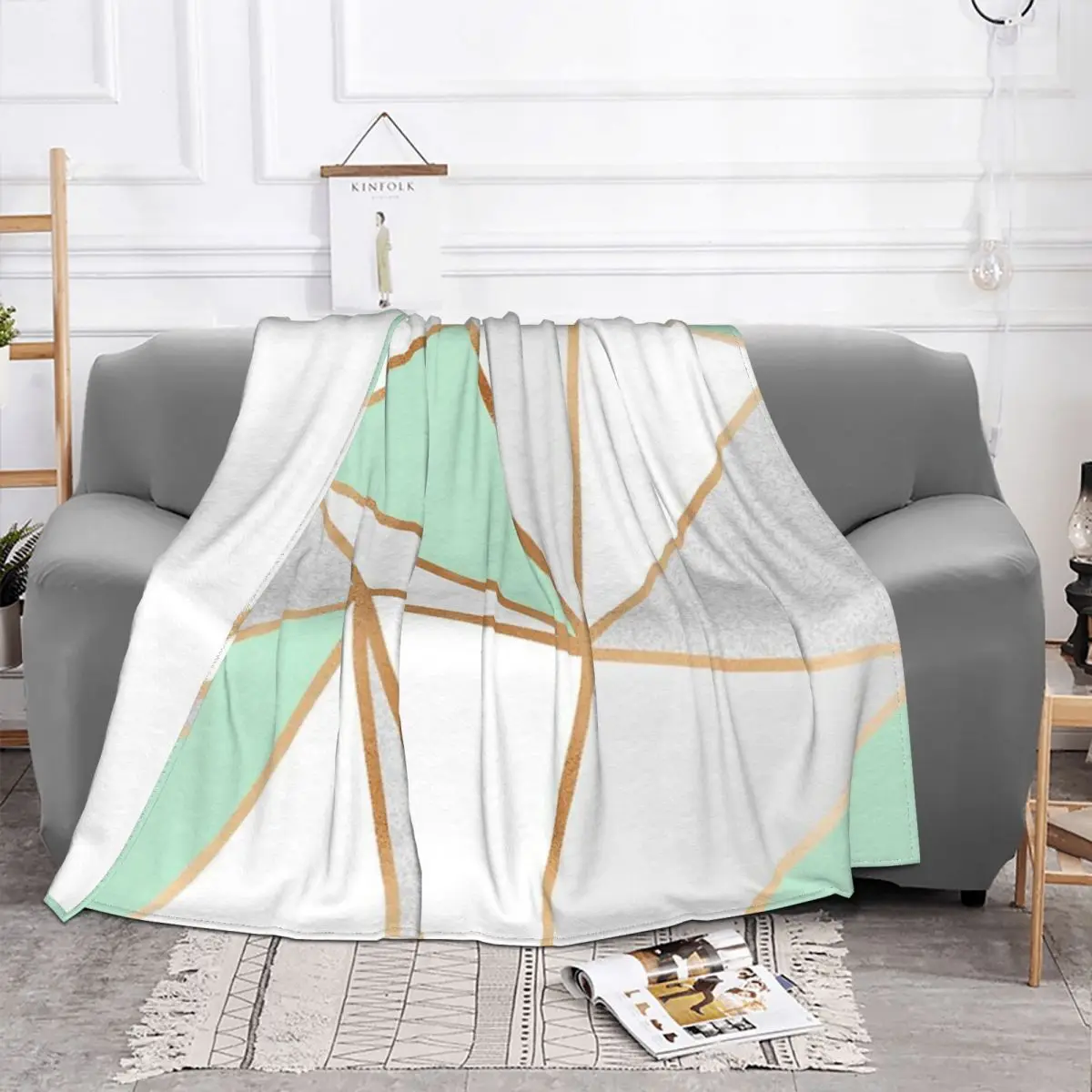 Mint Green Grey & Gold Geo Plush Bed Blankets Couple Blankets Blankets And Blankets Throw Blanket