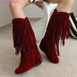 Fashion Ethnic Woman Bohemian Flock Tassle Hidden Moccasin Mid-Calf Boots Fringe Female Slip on Shoes Autumn Winter New 2024