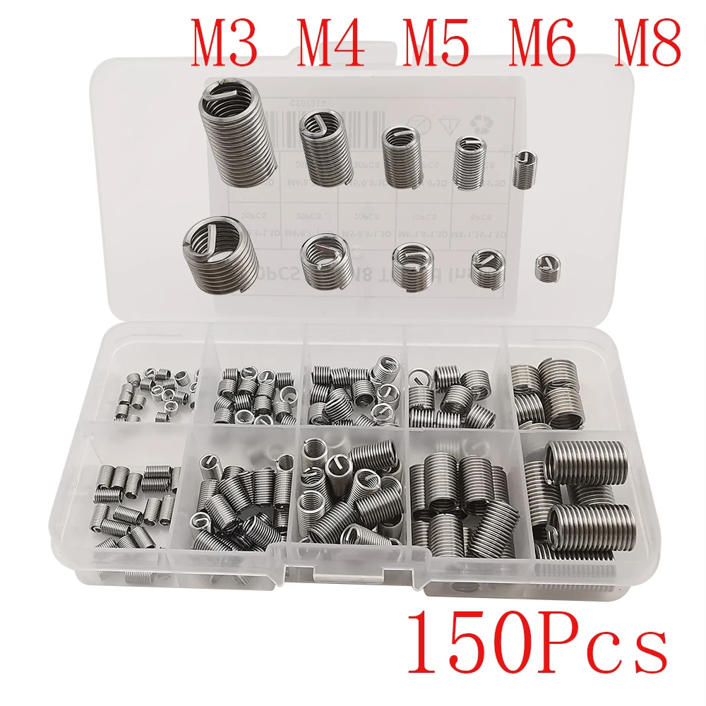 150Pcs/Box M3 M4 M5 M6 M8 Stainless Steel Rivet Nut Set Helicoil Thread Repair Insert Repair Sleeve Assortment Kit