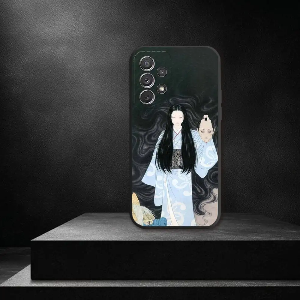J-Japan 스타일 우키요에 전화 케이스 삼성 S 25,24,23,22,30,21,10,9,Ultra,Plus,Lite,FE,4,5G 블랙 소프트 케이스