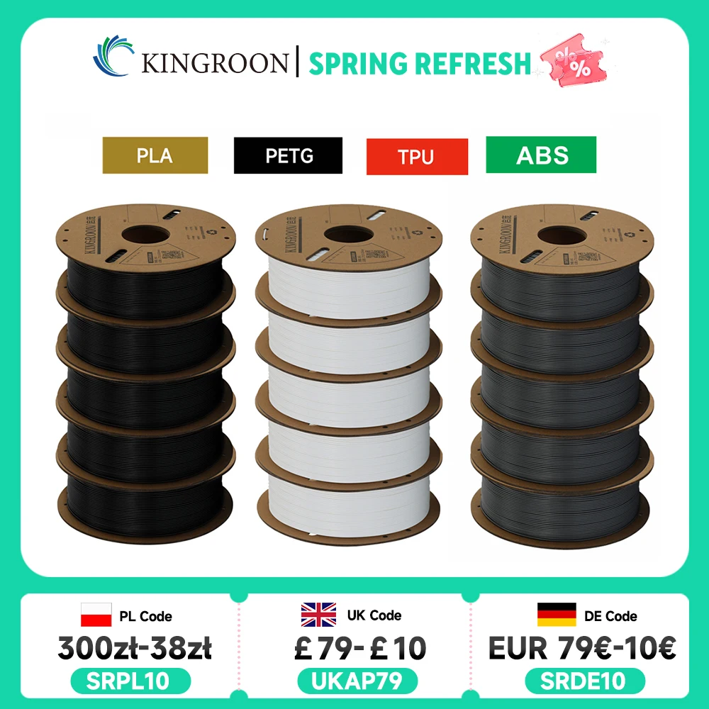 

KINGROON 3D Printer Filament PLA PETG TPU ABS 5KG Bundle Black White Gray 1.75mm No bubbles Plastic 5 roll 1kg , Random Spool