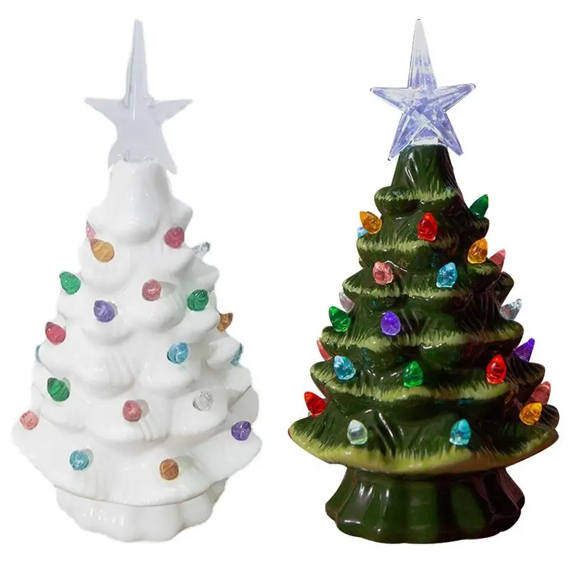 Artificial Ceramic Christmas Tree Light Desktop Xmas Tree Decor Lighting for Living Room with Multicolored Lights and Top Star