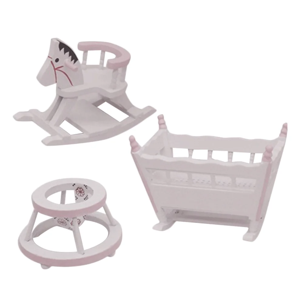

Children's Room Furniture Dollhouse Mini Wooden Cradle Miniature Nursery Rocking Horse Chair Decor Baby