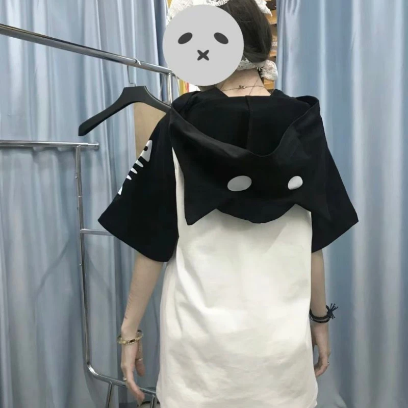 T-shirt Hoodie Short Sleeved Pixiv Ghost Cats Y2k Streetwear Ears Hooded Woman Summer Japan Lovely Soft Girl Tops