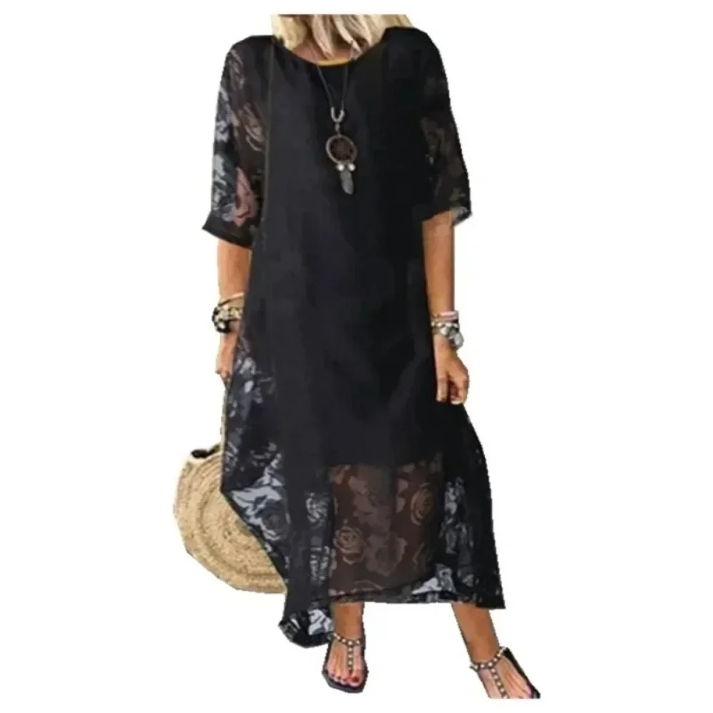 Women\'s Plus Size 1XL-5XL Summer Round Neck Short Sleeve Lace Long Dress Vintage Handmade Hollow Out Flower Dresses