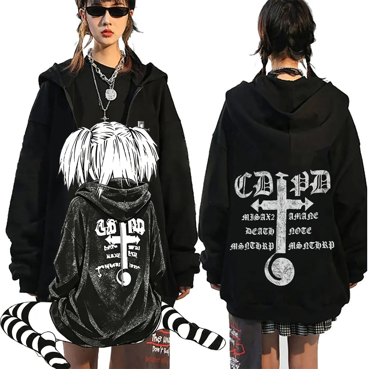 Anime Death Note Misa Same Style Zipper Hoodie Men Women Gothic Rock Y2k Oversized Zip Up Jacket Manga Cosplay Zip Up Sweatshirt