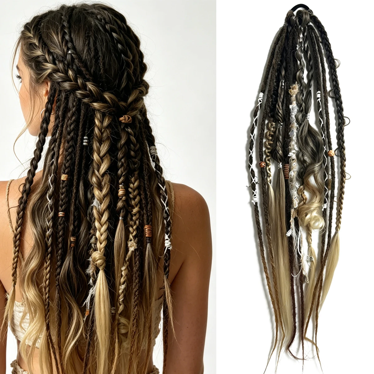Ombre Ponytail Hair Tie Synthetic Extensions Bohemian Hippie Braided Hairpiece with Wooden Beads Tassel Decor For Women Daily