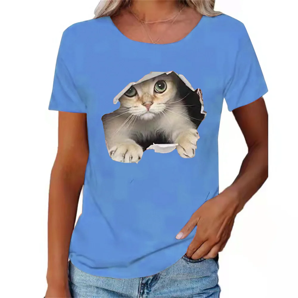 

2022 Women Spring New 3D Cartoon Cat Printed T-Shirt Casual Short Sleeve Round Neck Tops Ladies Loose Street Top Tees