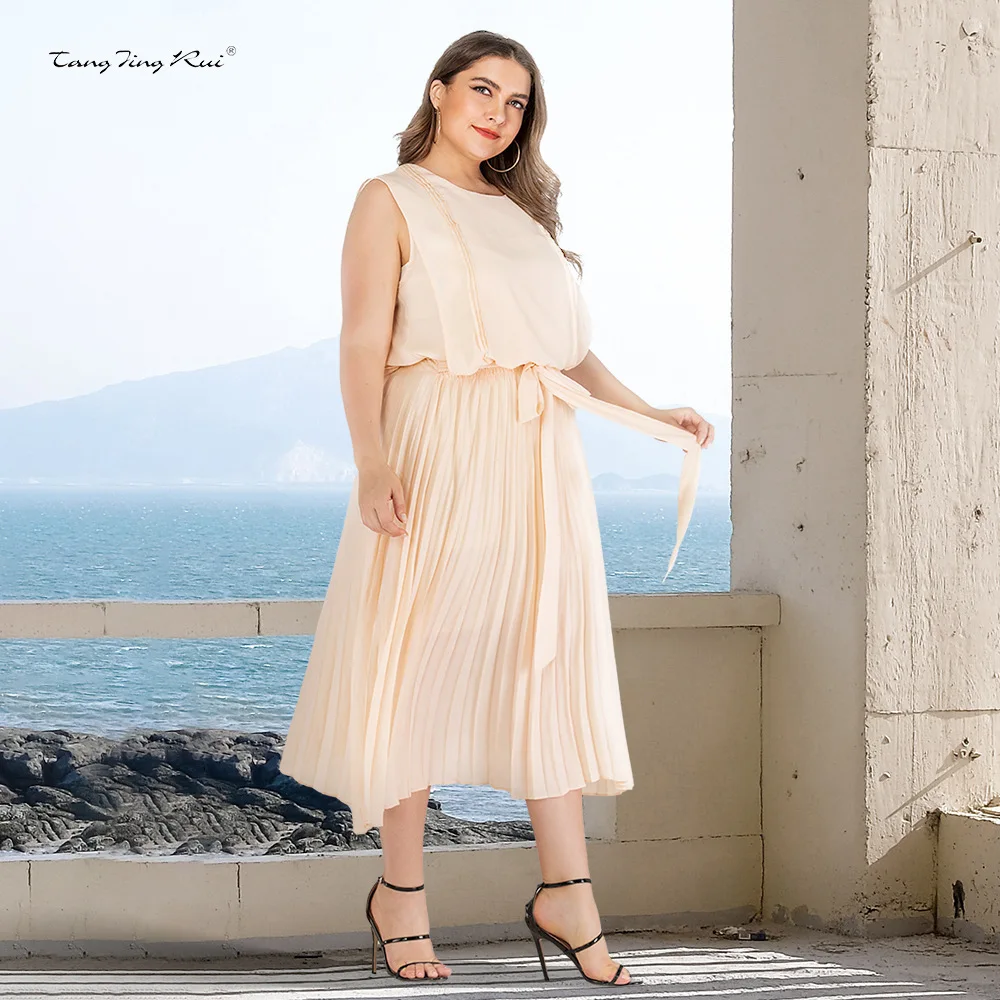 Plus Size Women 2024 Summer Fat Mm Pleated Design Temperament Elastic Waist Bow Sleeveless Dress Large Women's JR200