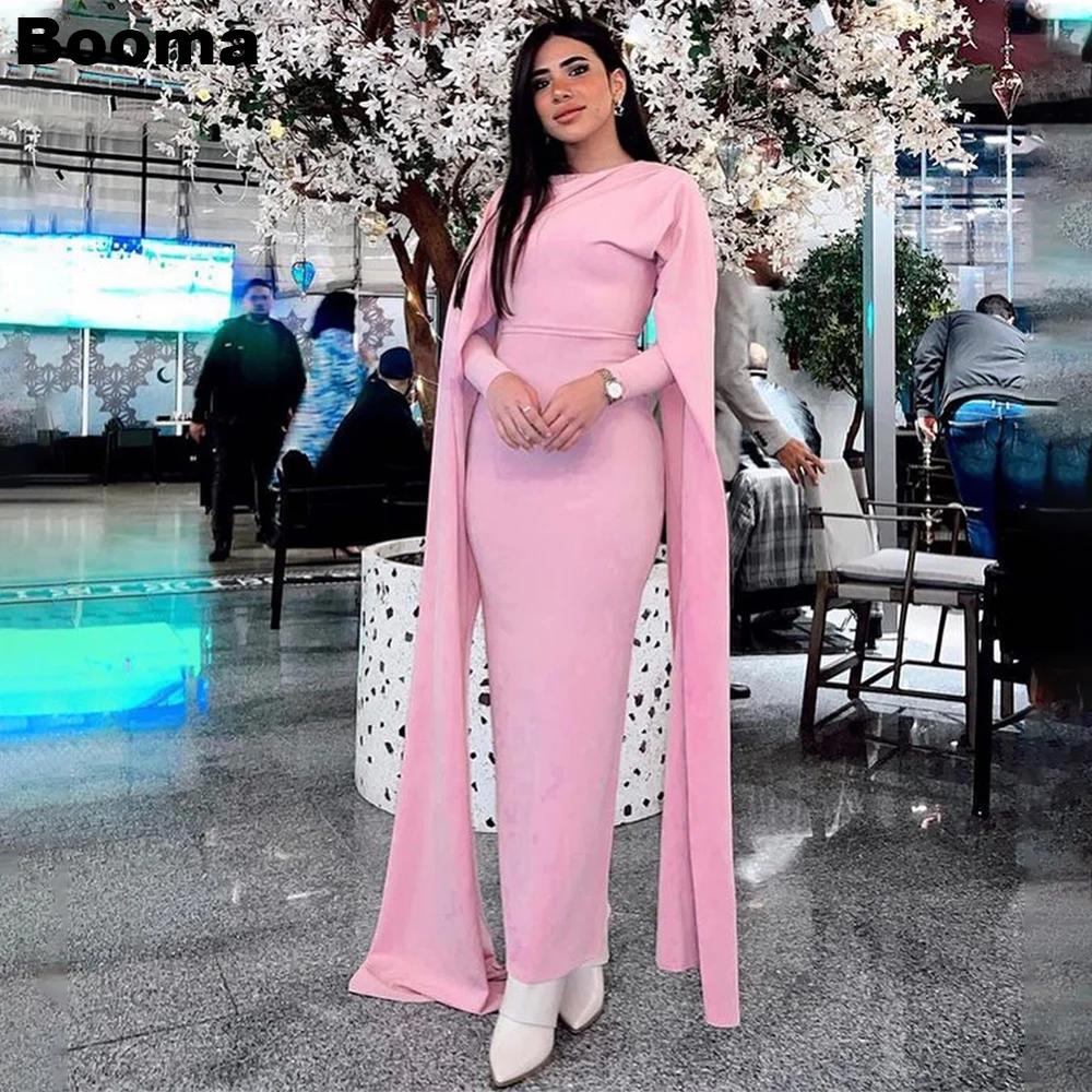 Booma Pink Elegant Mermaid Evening Dresses Draped Sleeves High Neck Formal Party Gowns for Women Ankle Length Prom Dress Dubai