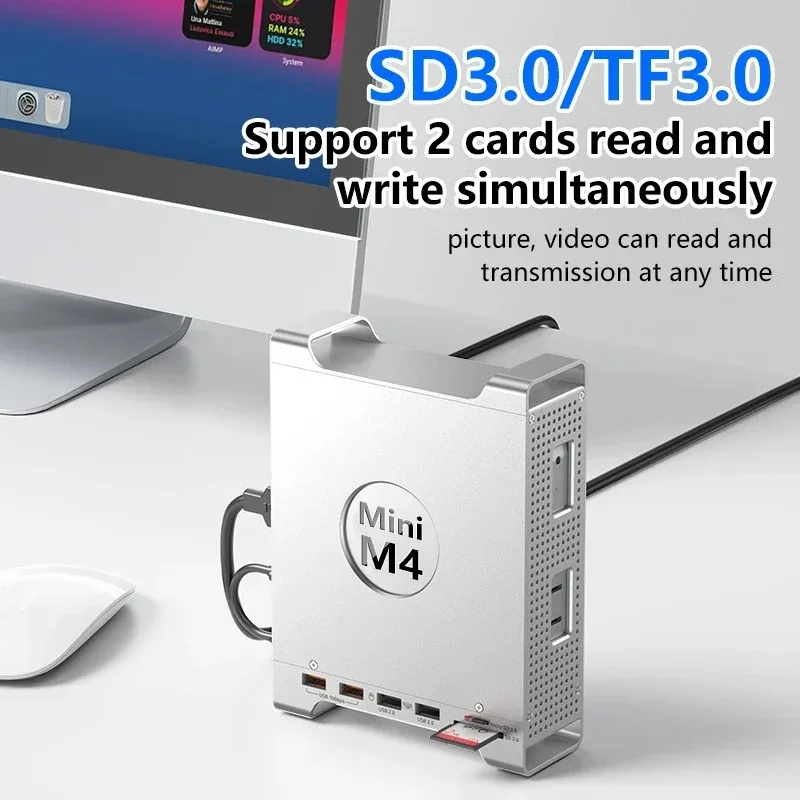 محور USB C مع حاوية M.2 SSD لجهاز Mac Mini M4/M4 Pro Stand Type-C 8TB Max 10Gbps USB3.2 Gen2 SD/TF محطة إرساء SSD