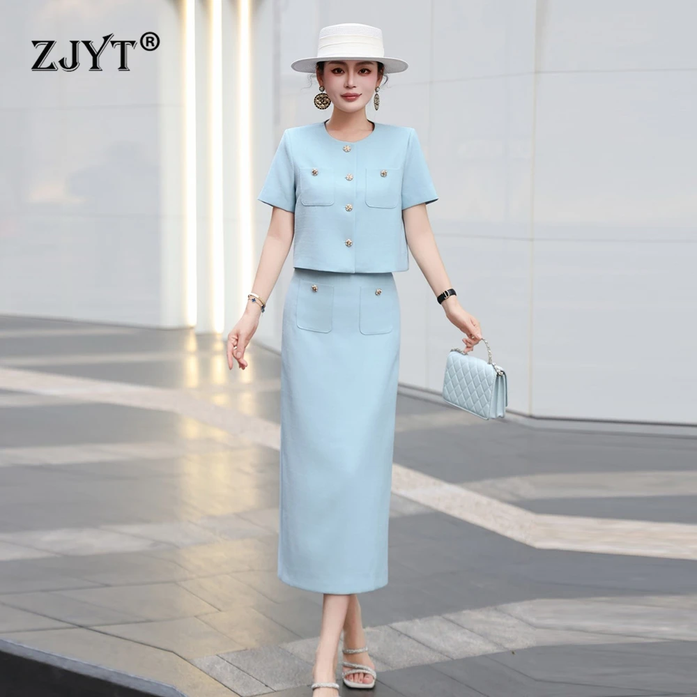 

ZJYT Summer Women's Dress Set 2 Piece Elegant Short Sleeve Top and Midi Skirt Suit Casual Pink Blue Office Outfit Female Clothes
