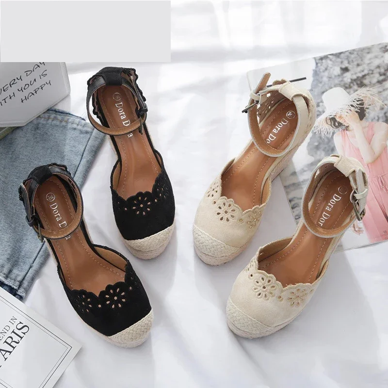 YAERNI Women\'s Espadrilles Wedge New Sandals Skirt Hollow Single Shoes Women\'s Fashion Pointed High Heels Thick BottomStraw