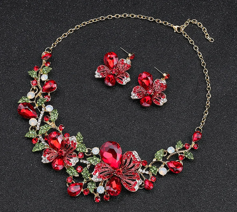 Luxury Necklace Earrings Two Piece Set Of Colorful Flower Bride Accessories