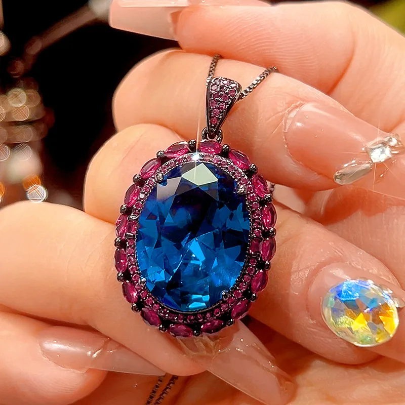 Vintage Style Oval Blue Gemstone Jewelry with Pink Crystal Accents Adjustable Ring Pendant Necklace for Women Jewelry for Party