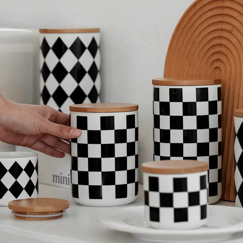 European Ceramic Storage Jar with Lid Hand Painted Geometric Patterned Decor Kitchen Cereal Dispenser Desktop Seal Candy Jars
