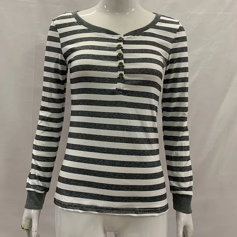 Individuality American Retro Striped Round Neck Button Long Top Sleeve Autumn New Slim Bottoming Shirt Ins Style T-shirt Emo