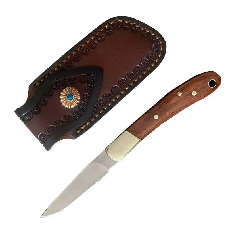 Stainless Steel Folding Blade Knife Wooden Handle Outdoor Camping Fruit Peeling Knife Survival Tool With Leather Case