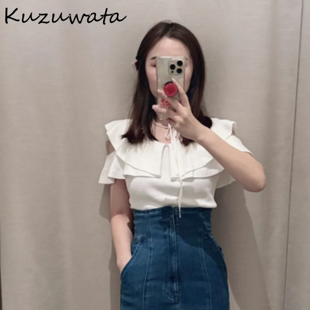 Kuzuwata Moda O Neck Butterfly Sleeve Halter Pullover Ruffles Off Shoulder Patchwork Lace Up Knitwear Japan New Slim Fit Jumper